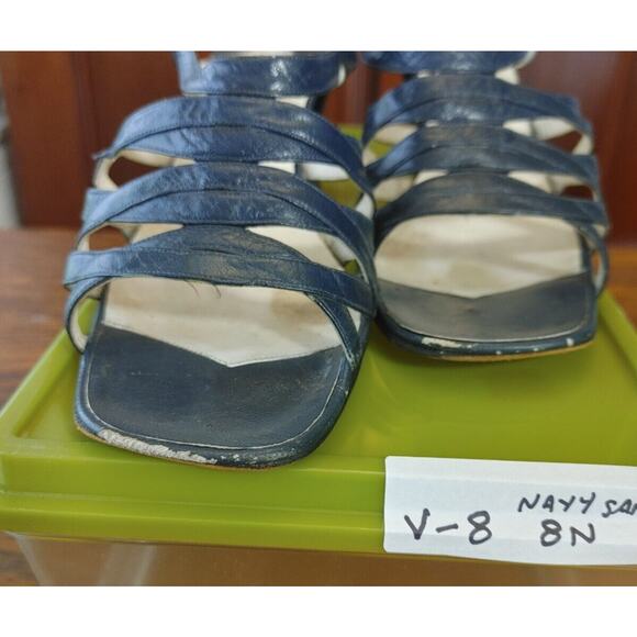 Luxe Retro Vintage Imported Mikelos Athens, Greece 8 N Navy Sandals Heels Chic - Picture 5 of 10